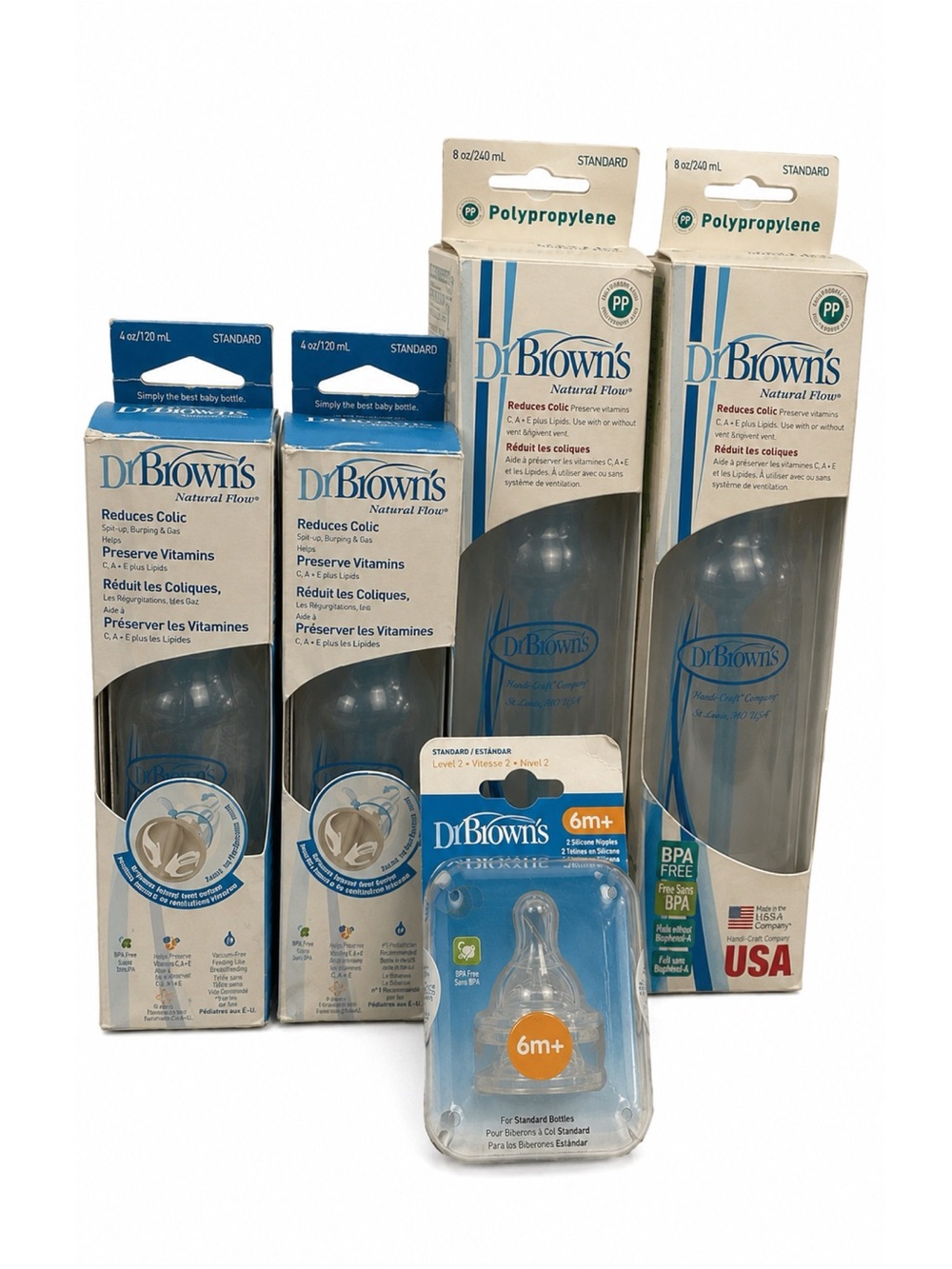 Dr. Brown’s Natural Flow Baby Bottles & 6M+ Nipples Bundle‎ 5 Pc NIB